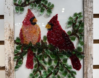 Handcrafted Glass Art Pair of Red Cardinals on Rustic Weathered Wood Frame