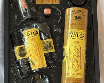 Hand Crafted Colonel EH Taylor Bourbon Broken Bottle Art on Wood Panel with Collectable Cannister