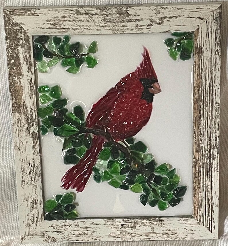 Handcrafted Glass Art Red Cardinal on Rustic Weathered Wood Frame - Etsy