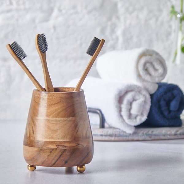 Folkulture Toothbrush Holder or Travel Toothbrush Holder and Tooth Paste Holder, Bathroom Storage, 4 x 3 Inches, Acacia Wood, Natural Finish