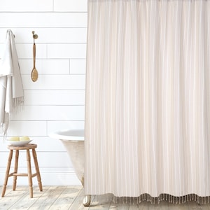 Folkulture Beige Shower Curtains for Bathroom, Water Repellent, Boho Shower Curtain with Tassels for Boho Bathroom Decor, Taupe