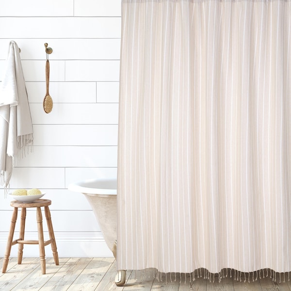 Folkulture Beige Shower Curtains for Bathroom, Water Repellent, Boho Shower Curtain with Tassels for Boho Bathroom Decor, Taupe