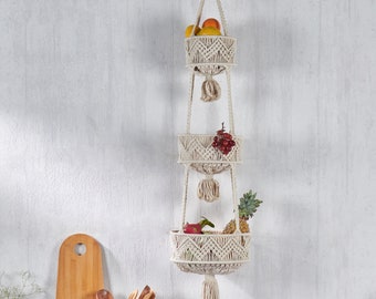 Folkulture 2 Tier or 3 Tier Hanging Fruit Basket, Fruit Basket or Boho Decor for Indoor Plants, Woven Basket, 2 Sizes Available
