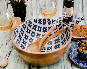 Folkulture Salad Bowl or Wooden Salad Bowl with Tongs - For Food, Fruits, Cereals, Desserts - Large, 12 Inch Diameter, Mango Wood