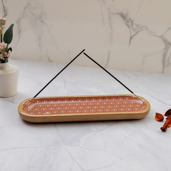 Folkulture Incense Holder or Incense Burner, Modern Insence Ash Catcher for Home Décor, Wooden Incense Tray for Sticks, Coral