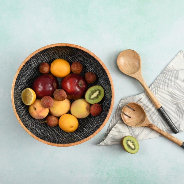 Folkulture 12 Inch Large Wooden Salad Bowl with Tongs - For Food, Pasta, Salad, Fruits, Cereals, Desserts.