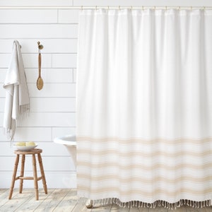 Folkulture Beige Shower Curtain for Bathroom, 72"X72", Boho Shower Curtain with Tassels for Farmhouse, Water Repellent, Cotton, Taupe