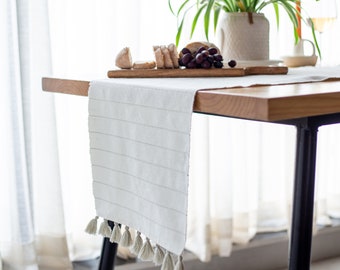 Folkulture Table Runners with Tassels for Home Dining Table, Kitchen Table Linen for Spring, Coffee Table Runner for Living Room, White