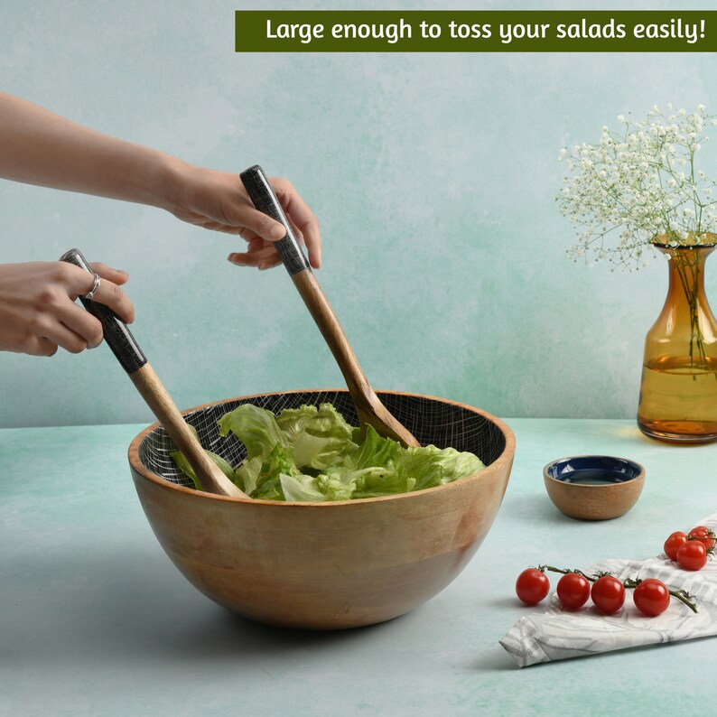 12 inch large wooden salad bowl with tongs for food pasta etsy