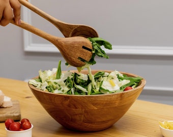 Folkulture Wooden Salad Bowl Set with Servers, 12" D x 5" H, Large Serving Bowls or Wooden Bowls for Food, Acacia Wood, (Natural)