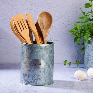 Folkulture Galvanised Kitchen Utensil Holder, Country and Farmhouse style, Vintage Look, Large, Tall & Wide