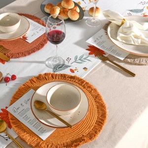 Folkulture Fall Placemats Set of 6, Cotton Round Boho,Heat Resistant Anti-Slip Farmhouse Thanksgiving Placemat, Washable, Rustic, Belle Rust