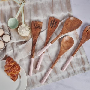 Folkulture Wooden Cooking Utensil Set includes Wooden Spoon, Spatula, Serving Fork, Slotted Spatula, Corner Spoon, 12", Set of 5, Pink