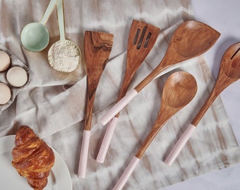 Folkulture Wooden Cooking Utensil Set includes Wooden Spoon, Spatula, Serving Fork, Slotted Spatula, Corner Spoon, 12", Set of 5, Pink