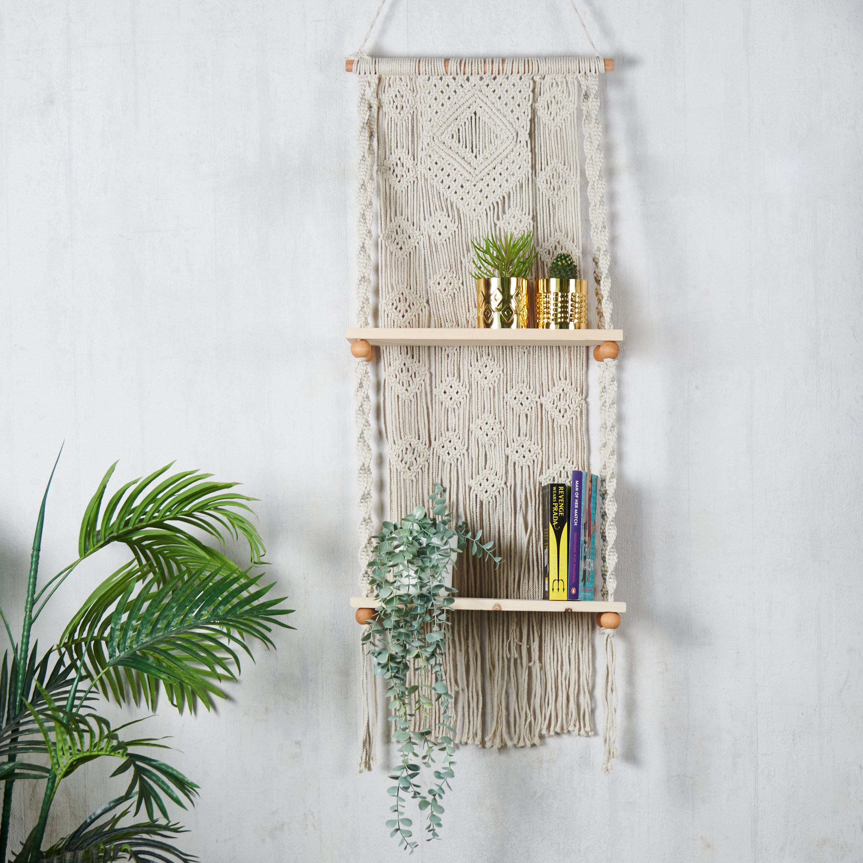 2 Tier Macrame Beading Wall Hanging Shelves Wooden Hanging Storage