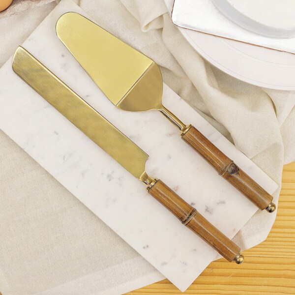 Folkulture Wedding Cake Knife and Server Set, Gold Cake Cutting Set for Wedding, Cake Knife, Pie Server or Cake Server With Bamboo Handle