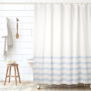 Folkulture Boho Shower Curtain Blue, 72 inch Shower Curtains for Bathroom with Tassels for Bathroom Décor, Water Repellent, Cotton, Blue