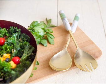 Blattkulture Edelstahl Salatbesteck oder Salatlöffel, 12 Zoll Löffel und Gabel Set, Perlenweiß