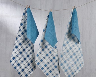 Kitchen Towels Set of 6, Tea Towels and Kitchen Dish Cloths, Vintage Linen, 100% Cotton, Buff Blues