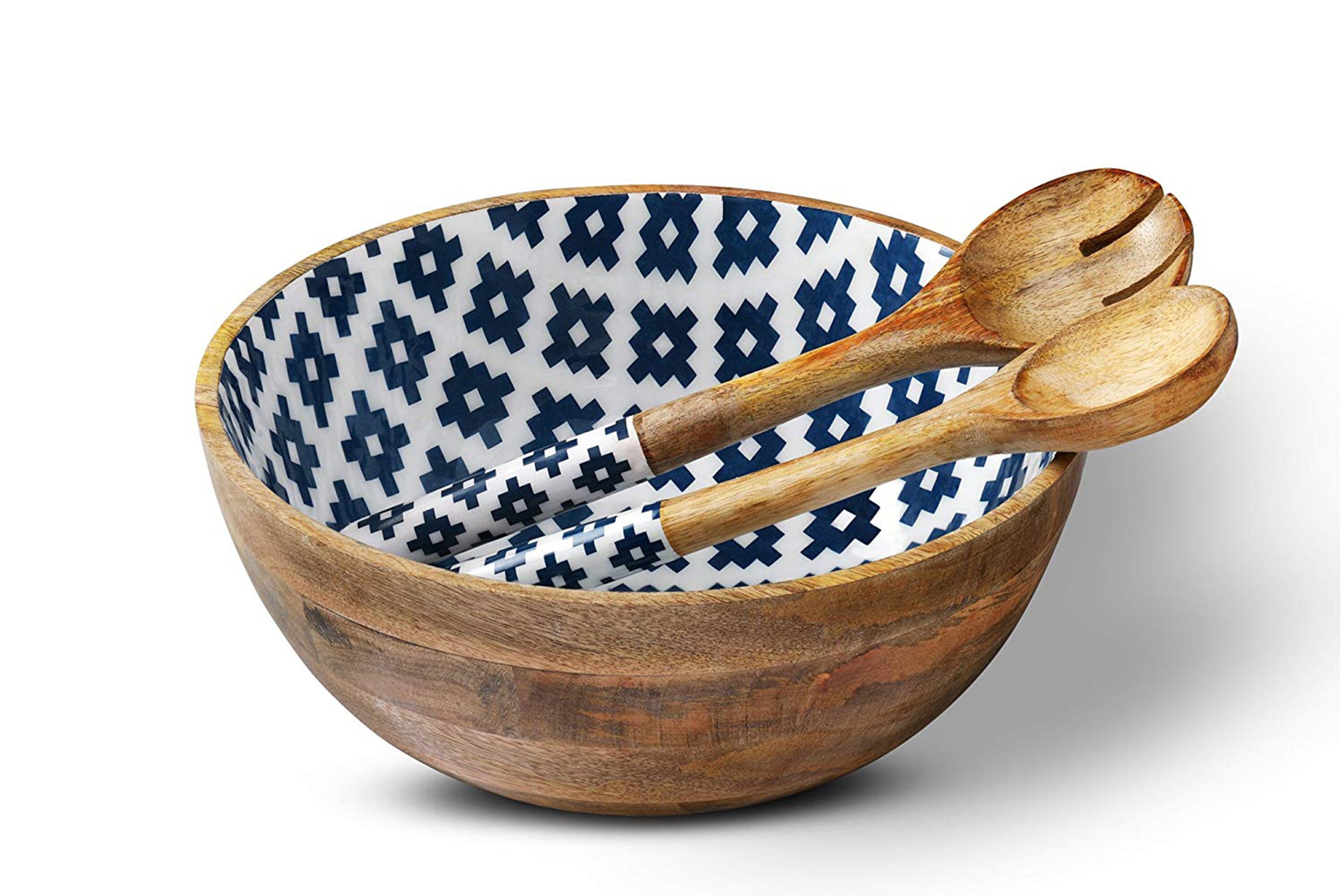 Folkulture Salad Bowl or Wooden Salad Bowl With Tongs for Etsy