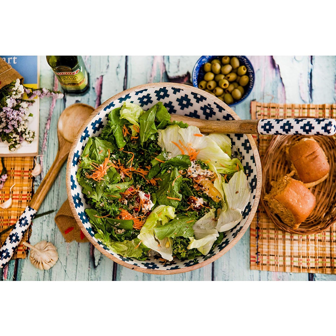 Folkulture Salad Bowl or Wooden Salad Bowl With Tongs for Etsy