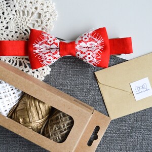 Red Bow Tie With White Lace, White Lace Apple Red Bow Tie, Pre Tied Bow ...