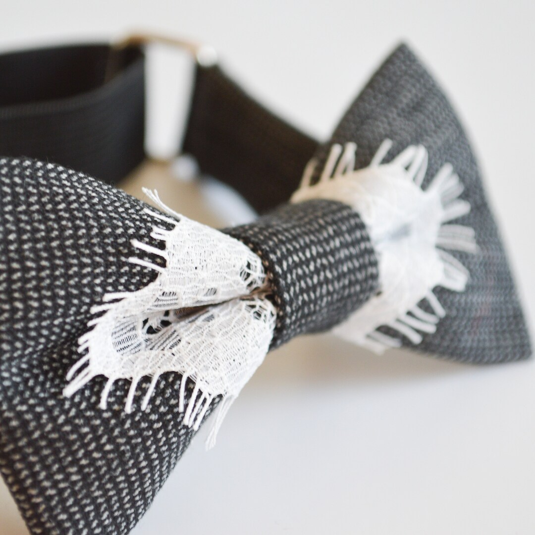 Tie In French Gray Wool Bow Tie With White French Lace - Pre-tied Adjustable - Etsy