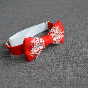 Red Bow Tie With White Lace, White Lace Apple Red Bow Tie, Pre Tied Bow ...