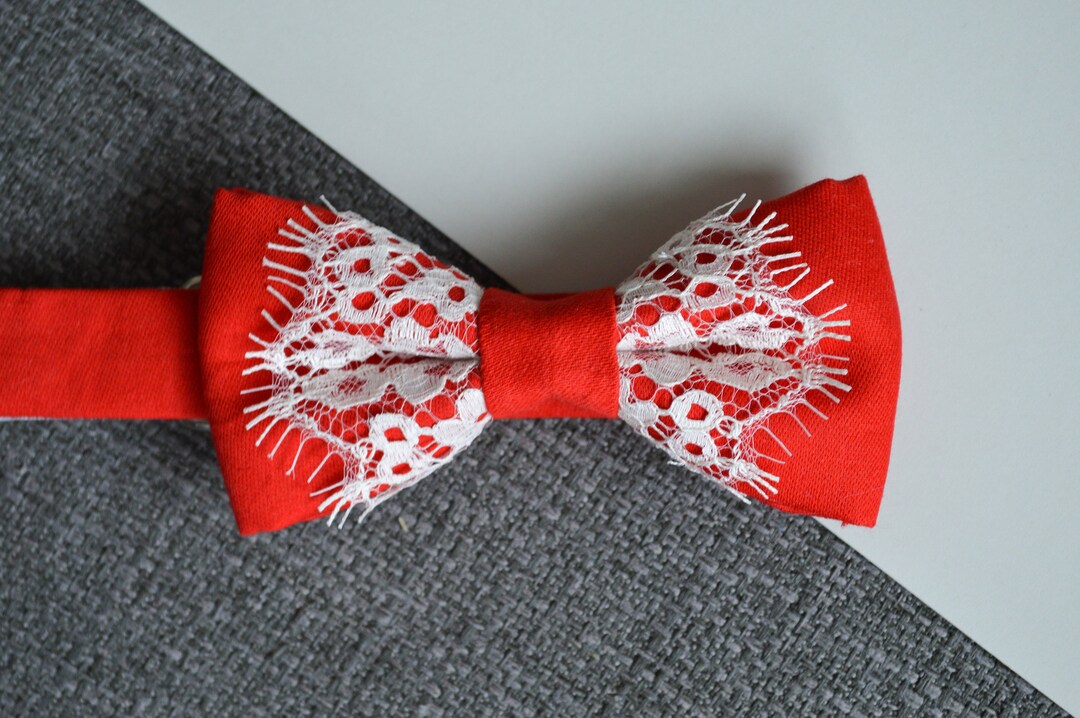 Red Bow Tie With White Lace, White Lace Apple Red Bow Tie, Pre Tied Bow ...