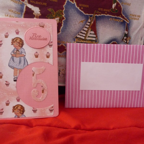 Carte anniversaire 5 ans petite fille gâteaux gourmands en rose avec enveloppe