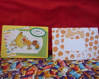 Birthday card for children and adults in French, happy hens with envelope