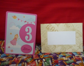 Carte anniversaire enfant 3 ans princesse en rose avec enveloppe