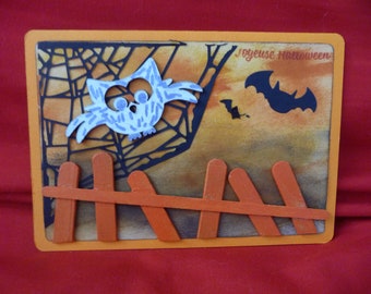 Halloween card, owls and bats, in French, with envelope