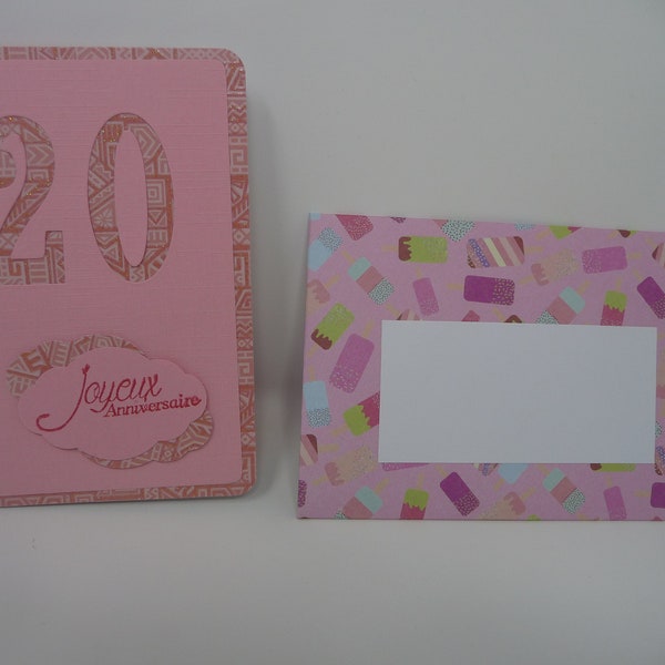 Carte anniversaire 20 ans femmes et hommes  jeune adulte tout en rose avec enveloppe