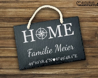 Personalisiertes Hausschild Home für Familien aus Schiefer | Türschild 30 x 20 cm mit Kordel | individuelle Türschilder mit Koordinaten