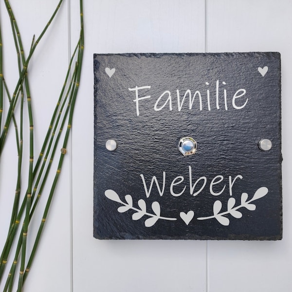 Klingelschild mit Familiennamen aus Schiefer, Türklingel personalisiert mit Gravur