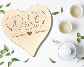 Frühstücksbrettchen in Herzform incl. Textgravur und Motiv | 24 x 24 cm | Geschenk zur Hochzeit Valentinstag