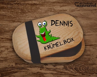 Brotdose personalisiert aus Holz für Kinder | Lunchbox personalisiert mit Namen | Frühstücksbox mit Monster-Motiv und Spruch