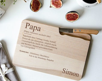 Personalisiertes Frühstücksbrettchen für den Papa | Vesperbrett Definition Lexikon Papa | Brettchen mit Messer 27 x 18 cm