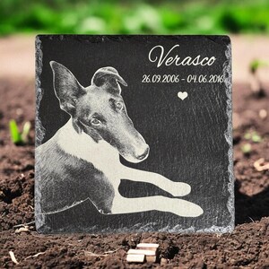 Puede incluir: Una placa conmemorativa para mascotas de pizarra negra con una imagen grabada de un perro. El perro est&aacute; tumbado con la cabeza girada. El nombre "Verasco" y las fechas 26.09.2006 - 04.06.2016 est&aacute;n inscritos, junto a un coraz&oacute;n.