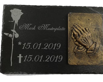 Gravestones Grave slab memorial plaque slate 20 x 30 cm / with motif and ornament flowering hands / grave decorations