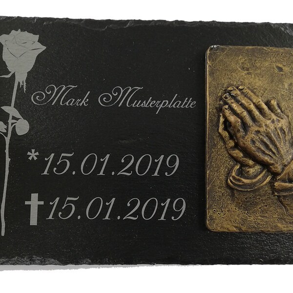 Grabmale Grabplatte Gedenktafel Schiefer 20 x 30cm / mit Motiv und Ornament beetende Hände / Grabschmuck