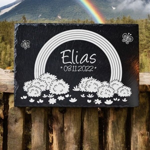Memorial plaque for star children with personal engraving, rainbow, gravestone made of robust slate for remembrance, decorative grave decoration