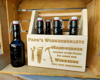 Funny beer carrier - Papa's tool box - bottle carrier made of wood with engraving