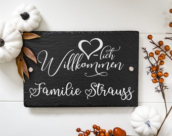 Door sign family personalized from slate "Welcome" with family name