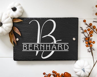 Door sign with name for family made of slate, personalized house sign with engraving and mounting material, wall decoration made of stone