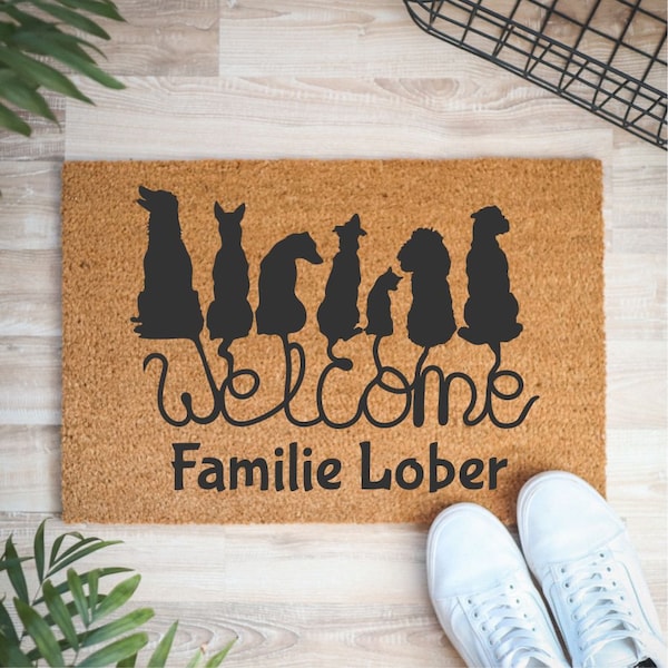 Personalisierte Indoor Fussmatte mit Hunden aus Kokos-Fasern | 60 x 40 cm Fußteppich Kokos für Trockenbereich | Familiennamen auf Matte