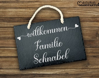 Personalisierte Hausschilder Willkommen aus Schiefer | Türschild 30 x 20 cm mit Kordel | individuelle Türschilder aus Schiefer mit Namen