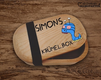 Personalized wooden lunch box for children | Lunchbox personalized with name | Monster themed breakfast box with saying