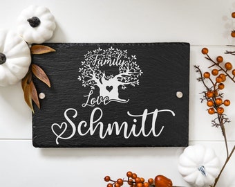 Personalisierte Hausschilder mit Familiennamen aus Schiefer | Türschild 30 x 20 cm mit Abstandshalter | individuelle Türschilder mit Namen